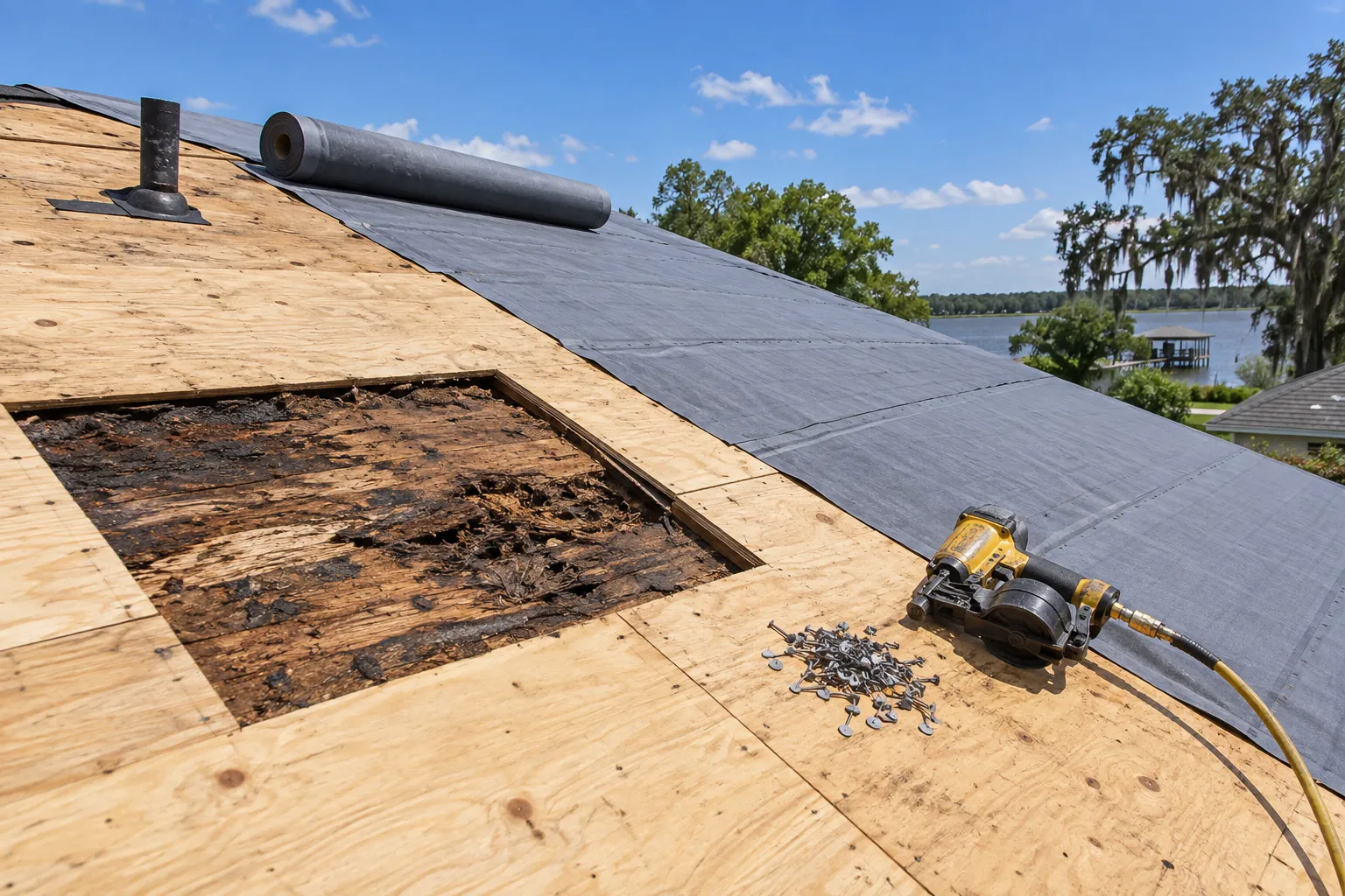 Roof tear-off showing a cut-out section of water-damaged decking beside new plywood