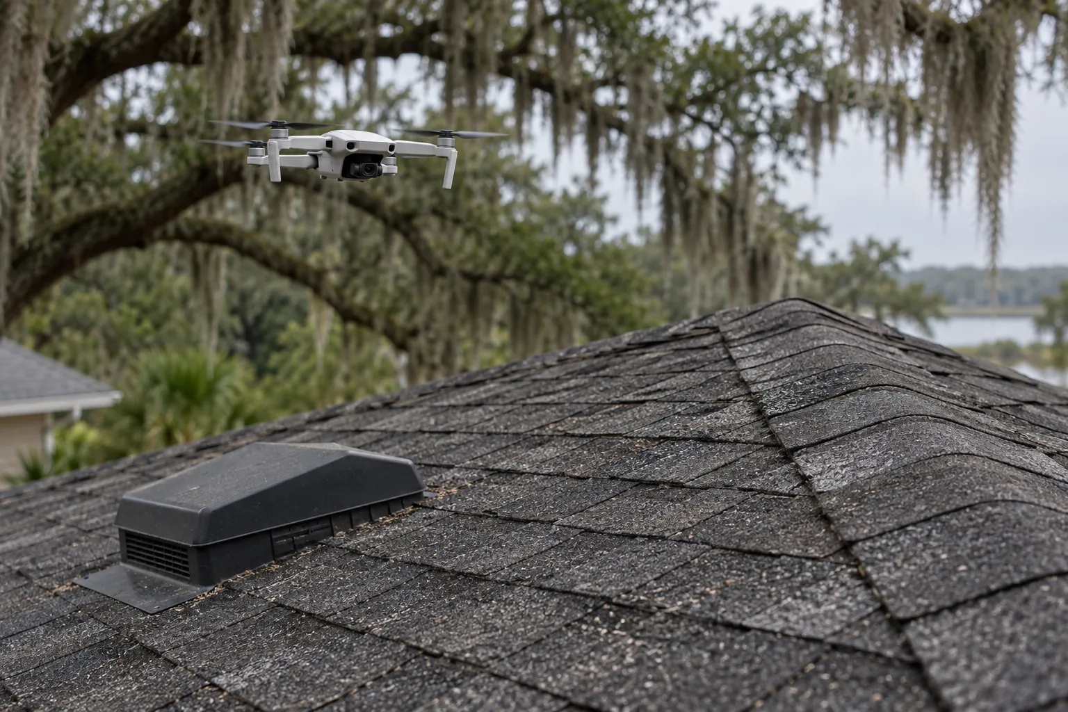 White drone hovering over a shingle roof beside a live oak
