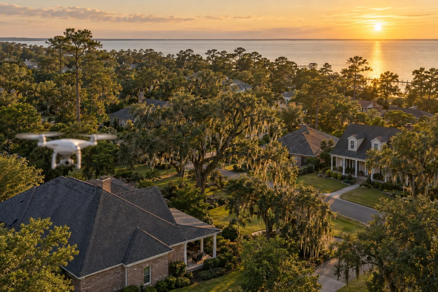Golden hour over a Northshore neighbourhood of brick homes and live oaks, with a drone above one roof and Lake Pontchartrain beyond