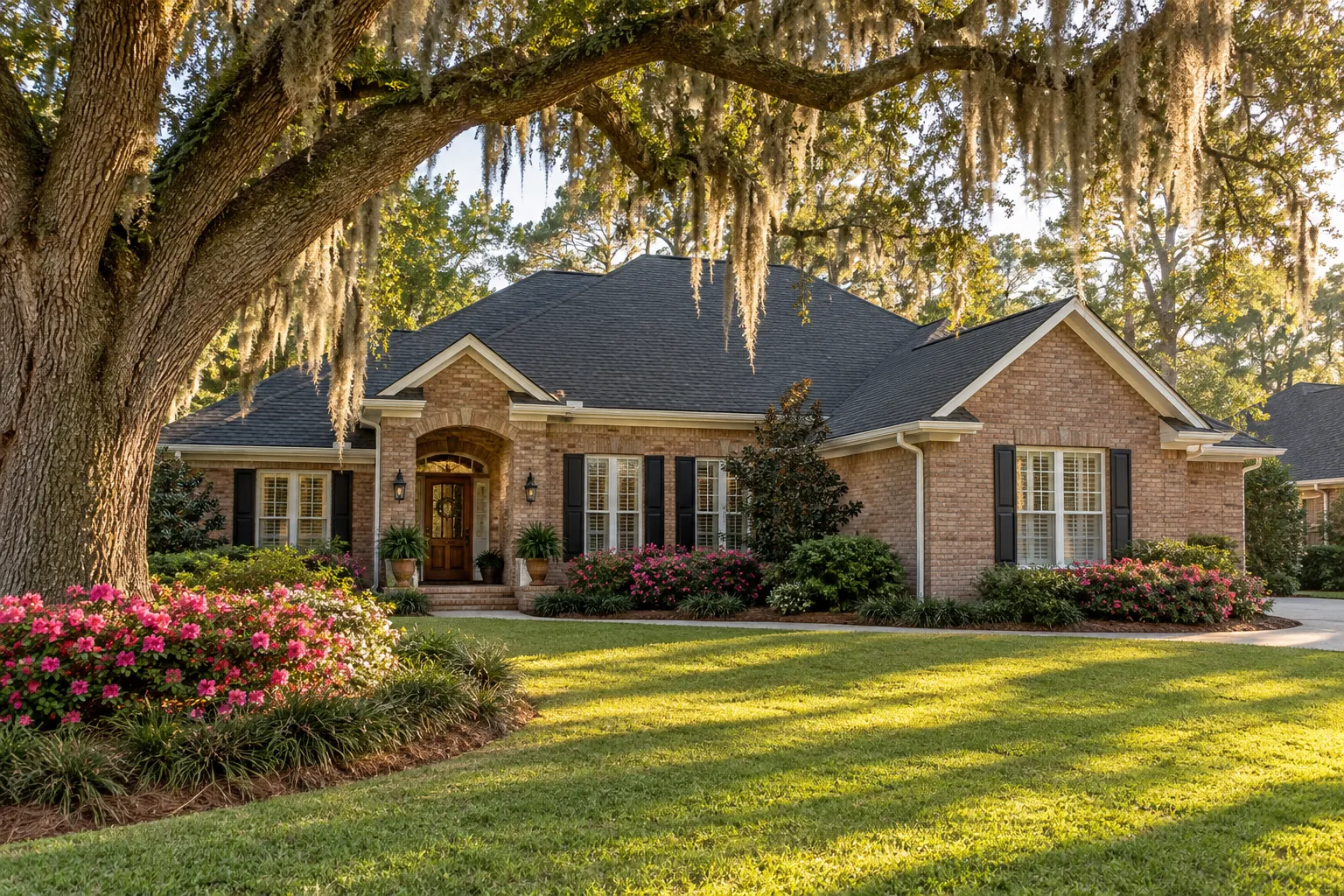 Brick home with a new charcoal shingle roof under a live oak