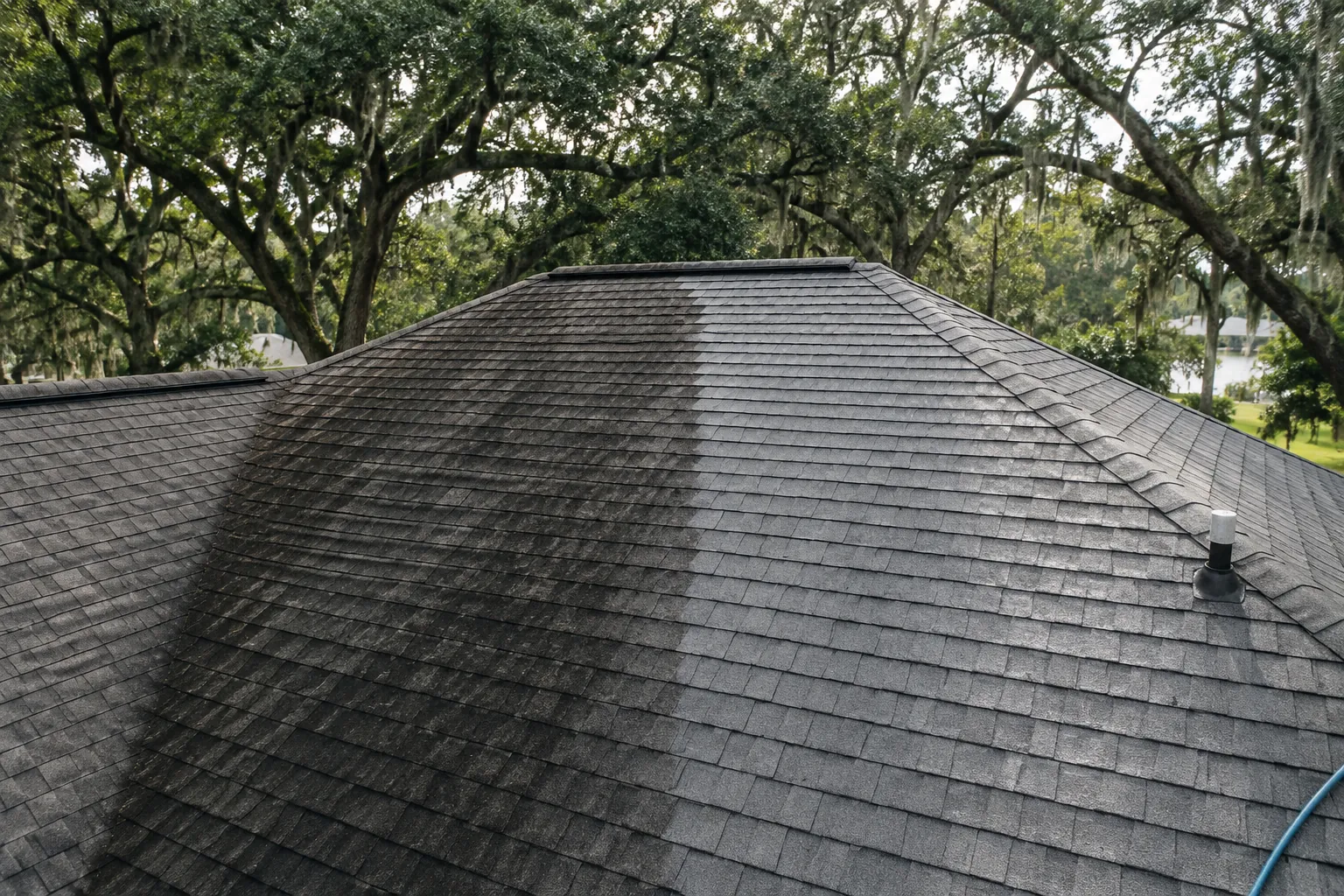 Streaked asphalt shingle roof halfway through a soft-wash cleaning