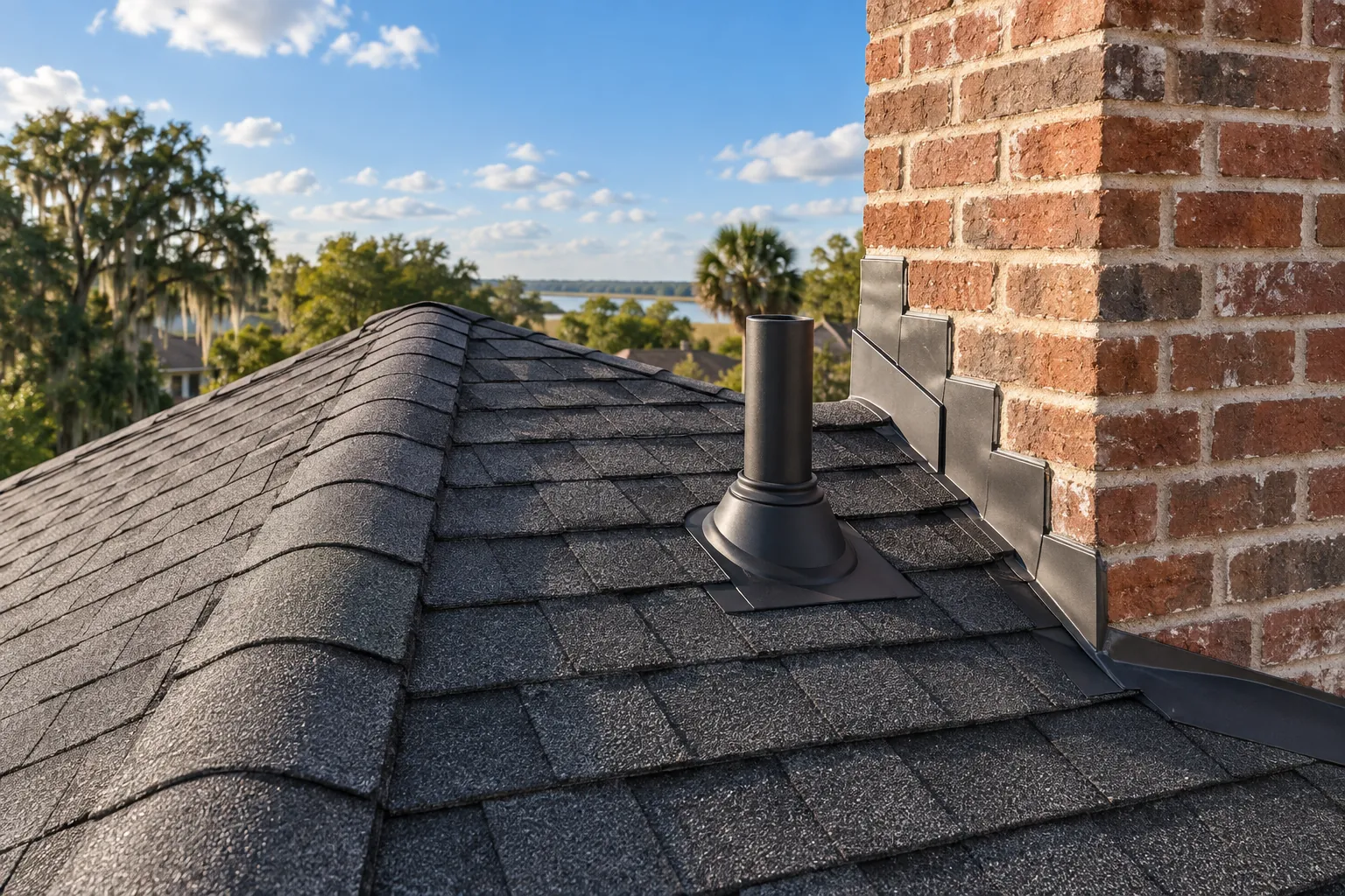 Close-up of a shingle roof ridge with a new pipe boot and sealed flashing against a brick chimney