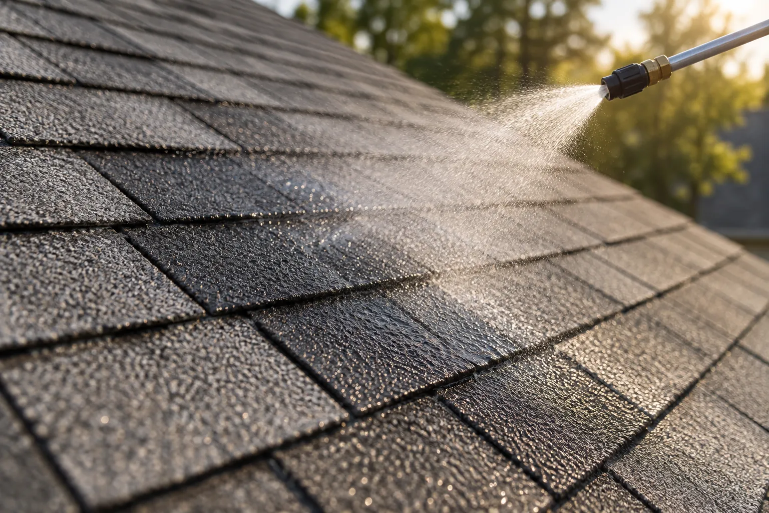 Fine spray mist settling onto weathered asphalt shingles