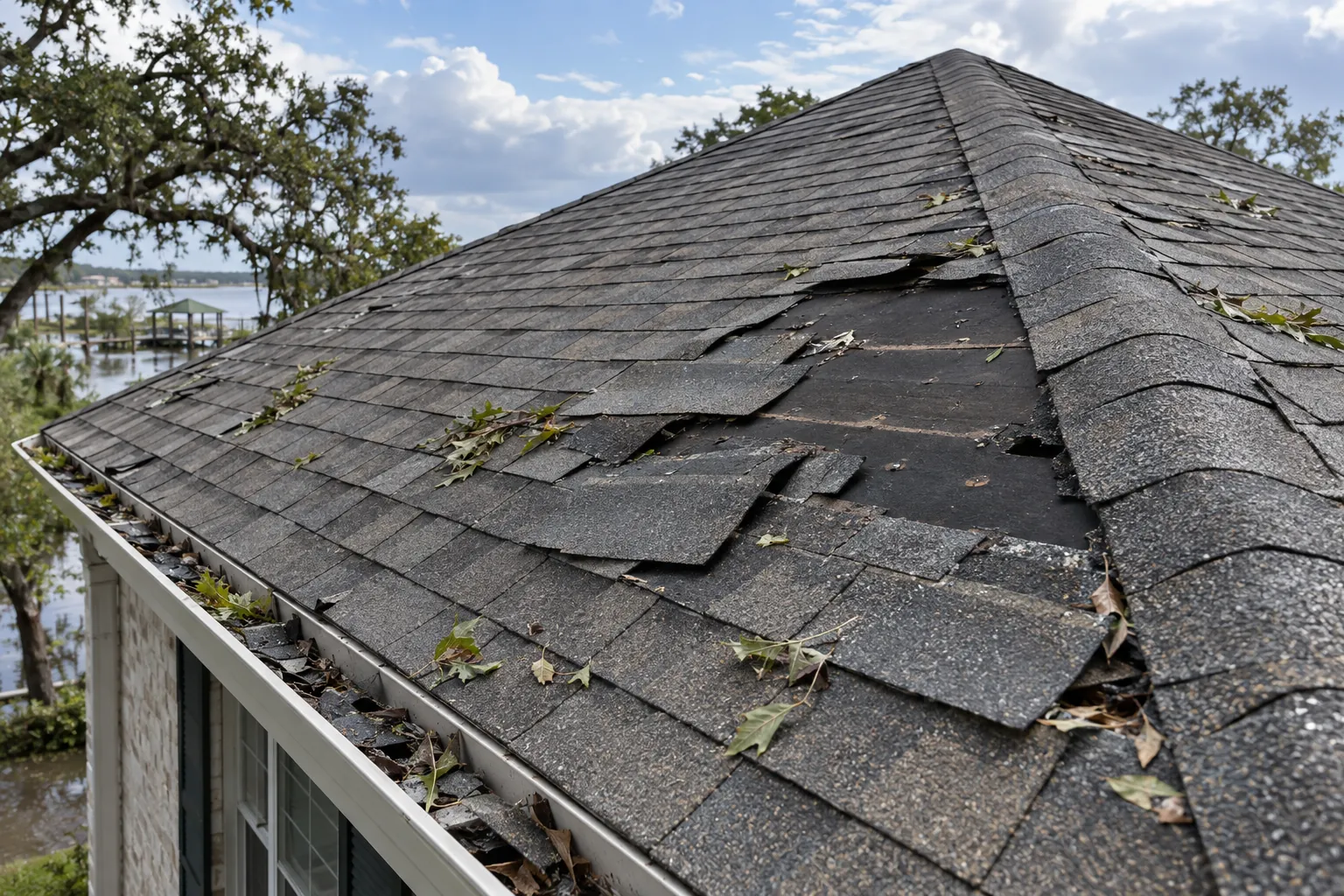 Wind-lifted and missing shingles on a hip roof after a storm